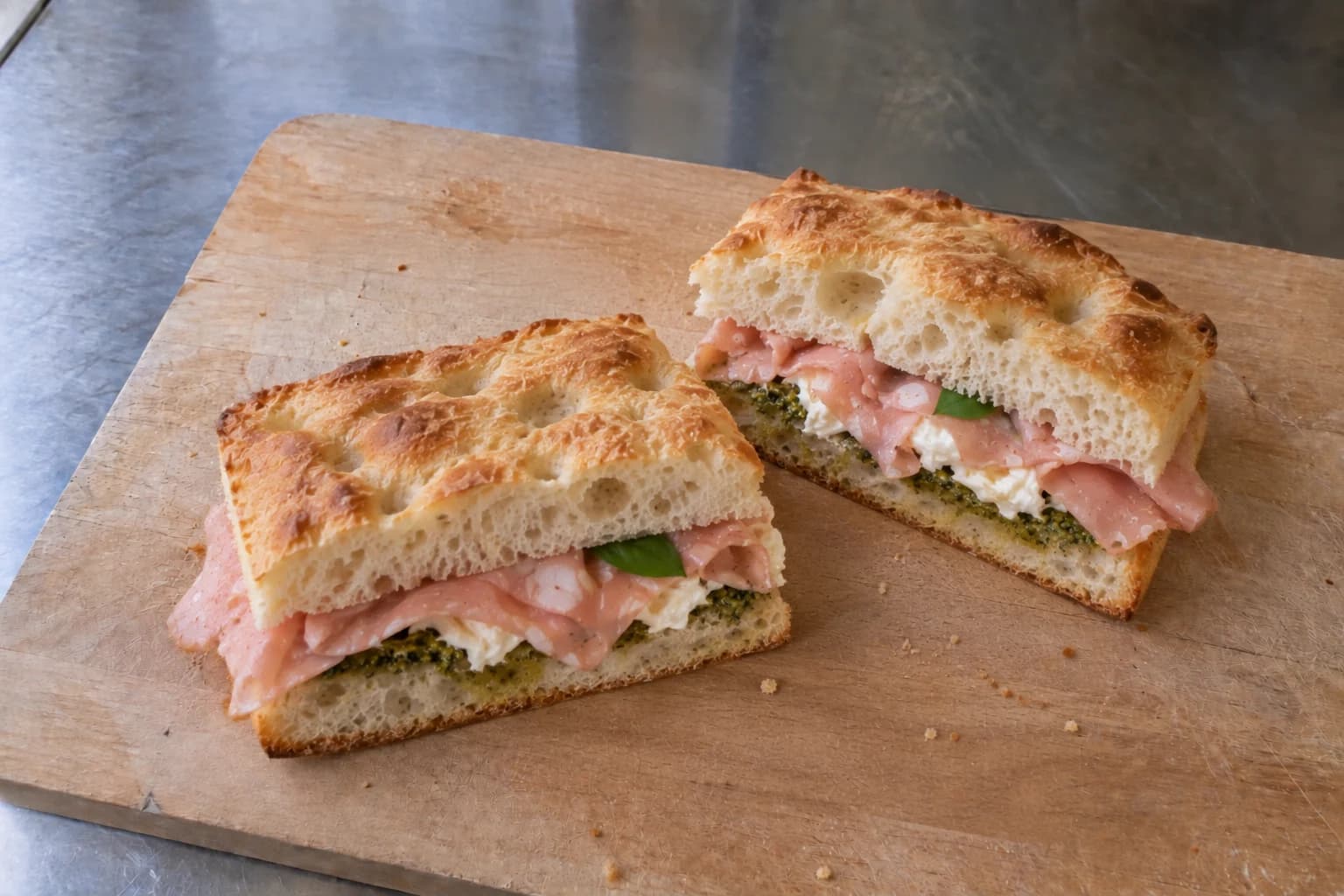 Mortadella and pesto focaccia sandwich, closed and cut in two on a board