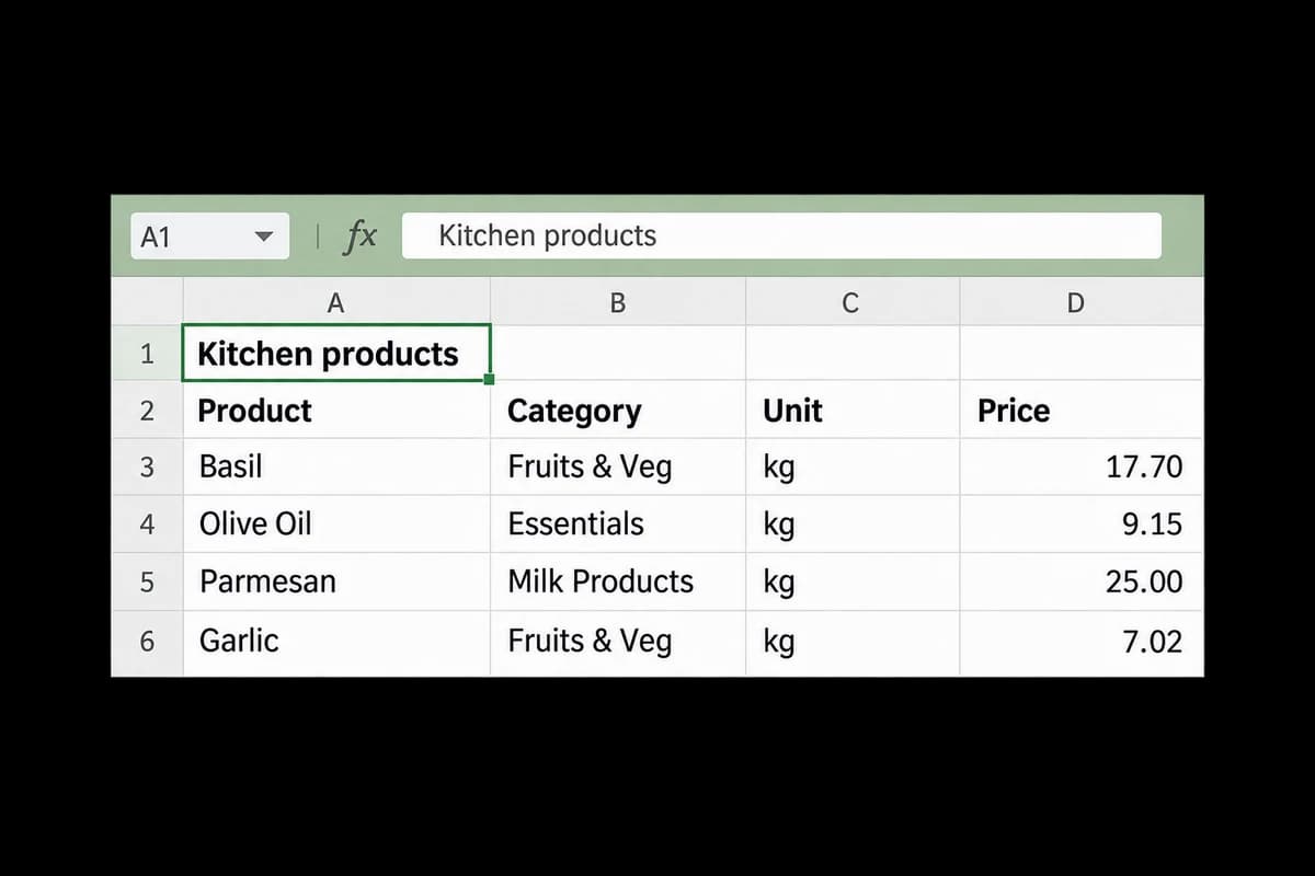 A spreadsheet listing products, categories, units, and prices.