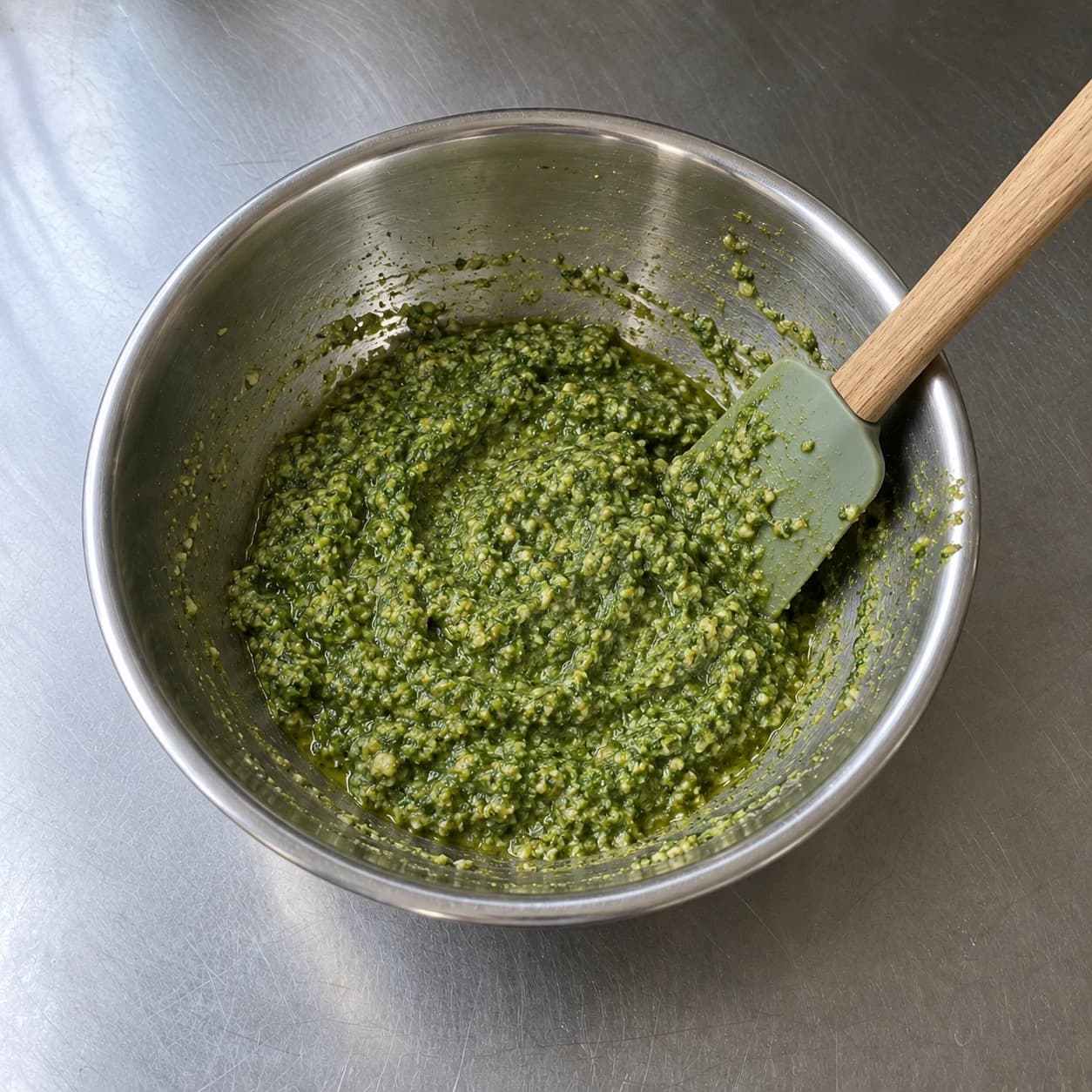 Finished pesto with a coarse texture in a stainless steel bowl