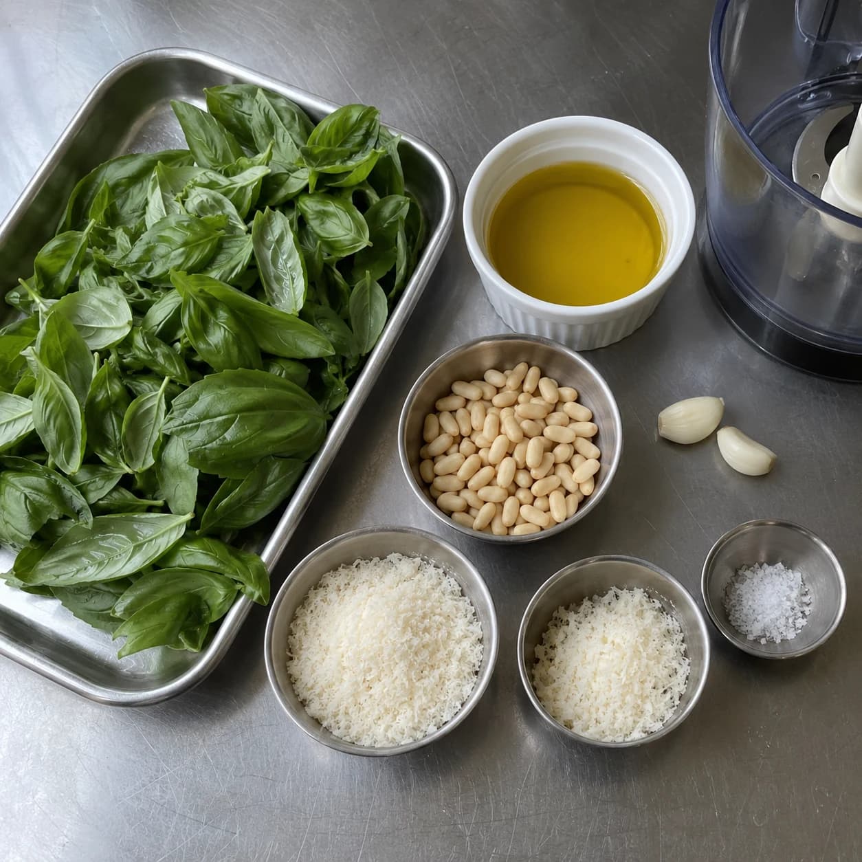 Basil, olive oil, Parmesan, Pecorino, pine nuts, garlic, and salt prepared for pesto